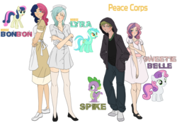 Size: 2780x1937 | Tagged: dead source, safe, artist:the-orator, bon bon, lyra heartstrings, spike, sweetie belle, sweetie drops, dragon, earth pony, human, pony, unicorn, g4, clothes, female, filly, foal, humanized, male, mare, peace corps, simple background, socks, thigh highs, thigh socks, transparent background