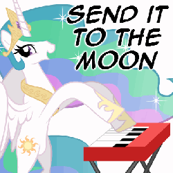 Size: 400x400 | Tagged: safe, artist:mixermike622, princess celestia, alicorn, pony, g4, animated, female, gif, keyboard, male, musical instrument, parody, piano, regular show, the power, to the moon