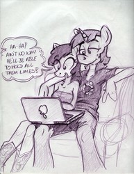 Size: 850x1100 | Tagged: safe, artist:trollie trollenberg, apple bloom, snails, earth pony, unicorn, anthro, g4, adult, computer, female, laptop computer, linux, male, monochrome, older, ship:snailbloom, shipping, straight, traditional art, ubuntu