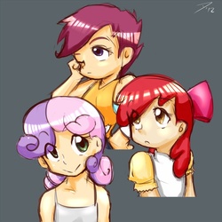 Size: 750x750 | Tagged: safe, artist:atticus83, apple bloom, scootaloo, sweetie belle, human, g4, cutie mark crusaders, female, humanized, simple background, trio, trio female