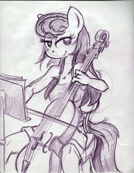 Size: 850x1100 | Tagged: safe, artist:trollie trollenberg, octavia melody, earth pony, anthro, g4, cello, female, mare, monochrome, musical instrument, solo