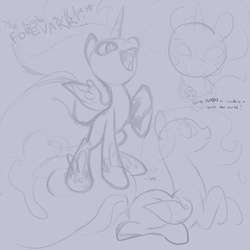 Size: 900x900 | Tagged: safe, artist:snowseed, artist:tomatocoup, nightmare moon, pony, g4, cookie, cute, fangs, female, filly, food, monochrome, open mouth, prone, raised hoof, sketch, sketch dump, smiling, smirk, solo, spread wings, younger