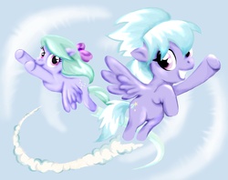 Size: 1895x1500 | Tagged: safe, artist:elenaboosy, cloudchaser, flitter, pony, g4, duo, duo female, female, flying, looking at each other, mare, spread wings, trail, underhoof, wings
