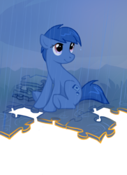 Size: 455x624 | Tagged: safe, artist:snowseed, artist:tomatocoup, oc, oc only, oc:blueberry, earth pony, pony, autism, autism speaks, blue, ponysona, puzzle, puzzle piece, rain, unfortunate implications, world autism awareness day