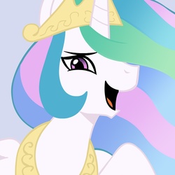 Size: 945x945 | Tagged: safe, artist:166, artist:megasweet, princess celestia, alicorn, pony, g4, female, hair over one eye, laughing, looking at you, mare, open mouth, reaction image, smiling, solo, trollestia