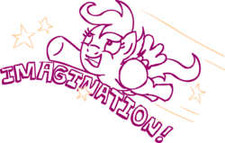 Size: 941x600 | Tagged: artist needed, source needed, safe, scootaloo, pegasus, pony, g4, female, filly, flying, imagination, monochrome, scootaloo can fly, simple background, solo, spread wings, stars, transparent background, wings