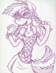 Size: 850x1100 | Tagged: safe, artist:trollie trollenberg, cheerilee, earth pony, anthro, g4, 80s, 80s cheerilee, braces, clothes, female, monochrome, skirt, solo, sunglasses, traditional art
