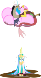 Size: 708x1353 | Tagged: safe, artist:senwyn1, discord, princess celestia, alicorn, draconequus, pony, g4, angry, cake, celestia is not amused, chocolate rain, cloud, cotton candy cloud, discord being discord, female, food, glare, looking at you, magic, mare, prank, simple background, this will end in tears and/or a journey to the moon, transparent background, unamused, wet mane