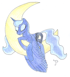 Size: 900x988 | Tagged: safe, artist:jhyrachy, princess luna, pony, g4, crescent moon, female, moon, sleepy, solo, tangible heavenly object