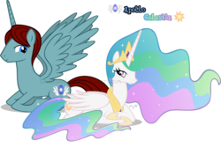 Size: 900x635 | Tagged: safe, artist:lisajennifer, princess celestia, oc, alicorn, pony, g4, alicorn oc, canon x oc, female, male, princess, shipping, simple background, straight, transparent background