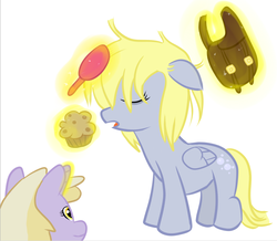 Size: 749x653 | Tagged: safe, artist:theuneatencookie, derpy hooves, dinky hooves, pegasus, pony, unicorn, g4, brush, equestria's best daughter, equestria's best mother, female, filly, food, mare, messy mane, morning ponies, muffin, saddle bag, simple background, white background