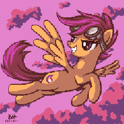 Size: 380x380 | Tagged: dead source, safe, artist:pix3m, scootaloo, pegasus, pony, g4, alternate cutie mark, cloud, female, flying, gif, goggles, grin, mare, non-animated gif, older, pixel art, scootaloo can fly, signature, smiling, solo