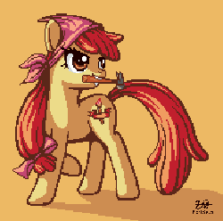 Size: 380x378 | Tagged: safe, artist:pix3m, apple bloom, earth pony, pony, g4, female, gif, hammer, mare, mouth hold, non-animated gif, older, older apple bloom, pixel art, solo