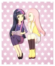 Size: 954x1130 | Tagged: safe, artist:mirakurunaito, fluttershy, twilight sparkle, human, g4, clothes, humanized, skirt