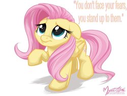 Size: 900x675 | Tagged: safe, artist:mysticalpha, fluttershy, pegasus, pony, g4, cute, female, floppy ears, mare, quote, raised hoof, solo, text