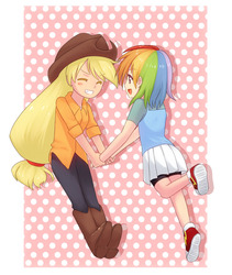 Size: 872x1032 | Tagged: safe, artist:mirakurunaito, applejack, rainbow dash, human, g4, applejack's hat, boots, converse, cowboy boots, cowboy hat, female, hat, humanized, lesbian, ship:appledash, shipping, shoes