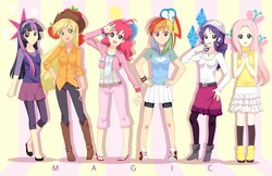 Size: 1280x828 | Tagged: safe, artist:mirakurunaito, applejack, fluttershy, pinkie pie, rainbow dash, rarity, twilight sparkle, human, g4, applejack's hat, boots, clothes, converse, cowboy boots, cowboy hat, female, hat, humanized, mane six, shoes, skirt