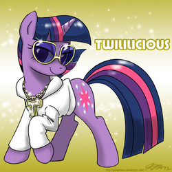 Size: 1000x1000 | Tagged: safe, artist:johnjoseco, twilight sparkle, pony, unicorn, g4, abstract background, artifact, bling, chains, clothes, female, hoodie, jewelry, lidded eyes, mare, medallion, necklace, solo, sunglasses, sweater, twilightlicious, unicorn twilight