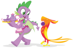 Size: 2900x1900 | Tagged: safe, artist:equestria-prevails, peewee, spike, dragon, phoenix, g4, apron, awesome in hindsight, clothes, cute, duo, duo male, fangs, heartwarming in hindsight, hilarious in hindsight, looking back, male, mouth hold, naked apron, older, older spike, open mouth, simple background, smiling, spikabetes, tea, teacup, teapot, teenage spike, teenaged dragon, teenager, transparent background, walking, winged spike, wings