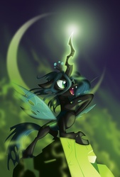 Size: 2160x3200 | Tagged: safe, artist:equestria-prevails, queen chrysalis, changeling, changeling queen, g4, badass, be prepared, crossover, female, glowing, glowing horn, high res, horn, magic, moon, moonlight, open mouth, raised hoof, smiling, solo, standing, the lion king