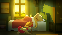 Size: 1920x1080 | Tagged: safe, artist:gign-3208, apple bloom, applejack, earth pony, pony, g4, accessory swap, apple sisters, bed, duo, female, filly, foal, lasso, mare, morning, mouth hold, rope, siblings, sisters, sleeping, sunlight, wallpaper, window