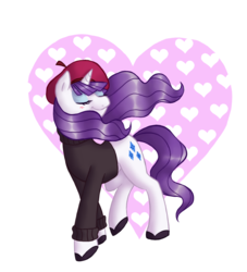 Size: 1000x1100 | Tagged: safe, artist:genesis55, rarity, pony, unicorn, g4, abstract background, alternate hairstyle, beatnik rarity, beret, clothes, eyes closed, female, hat, heart, mare, simple background, solo, transparent background