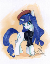 Size: 862x1094 | Tagged: safe, artist:imanika, rarity, pony, unicorn, g4, abstract background, alternate hairstyle, beatnik rarity, beret, clothes, female, hat, mare, solo, traditional art