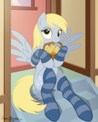 Size: 677x844 | Tagged: safe, artist:brianblackberry, derpy hooves, pegasus, pony, g4, basket, clothes, female, mare, mouth hold, muffin, sitting, socks, solo, striped socks
