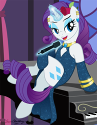 Size: 642x826 | Tagged: safe, artist:brianblackberry, rarity, pony, unicorn, g4, bracelet, clothes, dress, earring, evening gloves, female, flower, jewelry, magic, mare, microphone, musical instrument, necklace, piano, rose, singing, sitting, solo, telekinesis
