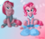 Size: 743x658 | Tagged: safe, artist:brianblackberry, pinkie pie, earth pony, pony, g4, abstract background, bedroom eyes, cheerleader, cheerleader pinkie, clothes, duality, female, leg warmers, looking at you, mare, pinkamena diane pie, pom pom, sitting, solo, wristband