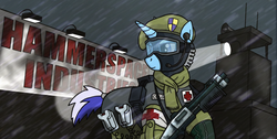 Size: 1280x647 | Tagged: safe, artist:guard-mod, minuette, pony, unicorn, series:ask the guard ponies, g4, ask, beret, defibrillator, female, goggles, gun, headset, mare, searchlight, shotgun, tail wrap, tumblr, weapon