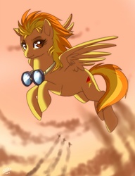 Size: 677x880 | Tagged: safe, artist:ruhje, spitfire, pegasus, pony, g4, backlighting, female, flying, goggles, looking at you, mare, solo focus, wonderbolts