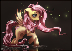 Size: 1025x727 | Tagged: dead source, safe, artist:ruhje, fluttershy, firefly (insect), insect, pegasus, pony, g4, cute, female, floppy ears, mare, smiling, solo, water, wet mane