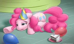 Size: 1613x953 | Tagged: safe, artist:bioniclegahlok, pinkie pie, earth pony, pony, g4, balloon, cake, candle, crying, female, floppy ears, hat, mare, party, party hat, prone, sad, solo