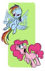 Size: 518x815 | Tagged: safe, artist:sibsy, pinkie pie, rainbow dash, earth pony, pegasus, pony, g4, abstract background, behind the scenes, concept art, female, flying, mare, silly face