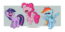 Size: 1024x513 | Tagged: dead source, safe, artist:sibsy, pinkie pie, rainbow dash, twilight sparkle, earth pony, pegasus, pony, unicorn, g4, abstract background, bedroom eyes, behind the scenes, cute, eyes closed, faic, female, funny face, happy, hilarious in hindsight, jumping, lidded eyes, lol, mare, open mouth, polyamory, raised hoof, silly face, smiling, spread wings, tongue out, twidashpie, unicorn twilight, uvula, wide eyes