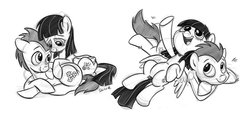 Size: 1024x474 | Tagged: dead source, safe, artist:sibsy, lucky clover, wild fire, earth pony, pegasus, pony, g4, female, grayscale, luckyfire, male, mare, monochrome, prone, shipping, simple background, sketch, stallion, straight, wild fire gets lucky