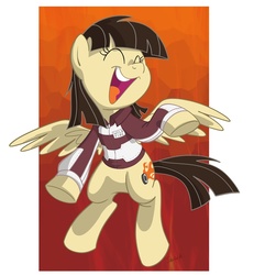 Size: 750x812 | Tagged: safe, artist:sibsy, wild fire, pegasus, pony, g4, abstract background, clothes, cute, eyes closed, female, flying, jacket, laughing, mare, open mouth, self portrait, smiling, solo, spread wings