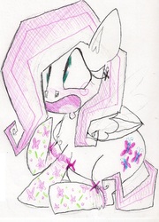 Size: 654x909 | Tagged: safe, artist:krystalflamingo, fluttershy, pegasus, pony, g4, clothes, female, mare, simple background, sitting, socks, solo, traditional art
