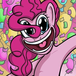 Size: 3000x3000 | Tagged: safe, artist:senselesssquirrel, pinkie pie, earth pony, pony, g4, abstract background, balloon, confetti, female, high res, mare, smiling, solo