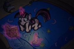 Size: 5143x3429 | Tagged: safe, artist:senselesssquirrel, spike, twilight sparkle, dragon, pony, unicorn, g4, absurd resolution, bed, book, candle, female, happy, magic, male, mare, reading, sleeping
