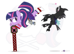 Size: 1200x875 | Tagged: safe, artist:dm29, smarty pants, twilight sparkle, changeling, pony, unicorn, g4, crossover, duo, female, juliet starling, lollipop chainsaw, mare, simple background, transparent background, voice actor joke