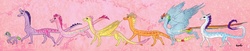 Size: 1280x262 | Tagged: safe, artist:roachpatrol, applejack, fluttershy, pinkie pie, rainbow dash, rarity, spike, twilight sparkle, dragon, feathered dragon, g4, dragoness, dragonified, dragonjack, female, flutterdragon, mane seven, mane six, pink background, pinkiedragon, ponified, ponified spike, rainbow dragon, raridragon, simple background, species swap, twilidragon, wing claws