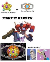 Size: 1611x1984 | Tagged: safe, discord, twilight sparkle, g4, elements of harmony, matrix of leadership, megatron, optimus prime, transformers