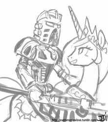 Size: 882x1000 | Tagged: safe, artist:johnjoseco, princess celestia, alicorn, pony, g4, bionicle, crossover, female, grayscale, lego, mare, monochrome, riding, takanuva, yes so much yes