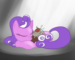 Size: 1125x900 | Tagged: safe, artist:hip-indeed, discord, screwball, earth pony, pony, g4, chaos pants, daddy discord, doll, female, i miss you, mare, sad, sleeping, spotlight