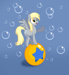 Size: 1402x1528 | Tagged: safe, artist:lordstevie, derpy hooves, pegasus, pony, g4, balancing, ball, blue background, bubble, female, mare, simple background, solo