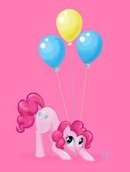 Size: 1440x1920 | Tagged: safe, artist:pearlie-pie, pinkie pie, earth pony, pony, g4, balloon, cutie mark, female, mare, mouth hold, pink background, simple background, solo