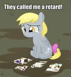 Size: 416x455 | Tagged: safe, artist:apple-cake, edit, derpy hooves, pegasus, pony, g4, abuse, bow, bronybait, bullying, cropped, crying, derpybuse, female, filly, image macro, sad, solo, tail bow, younger