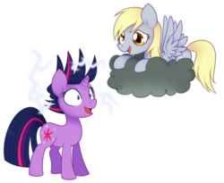 Size: 1100x900 | Tagged: safe, artist:solar-slash, derpy hooves, twilight sparkle, pegasus, pony, g4, alternate hairstyle, cloud, duo, electrified, female, lightning, mare, on a cloud, open mouth
